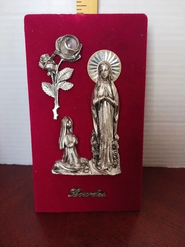 SILVER OUR LADY OF LOURDES ST BERNADETTE ROSES PLAQUE VELVET ITALY 9.75"HX5.25"W