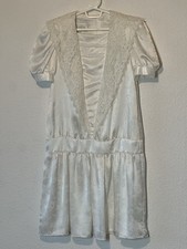 Vtg 80s Gunne Sax Jessica McClintock White Damask Satin Drop Waist Dress Child 8