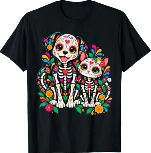 Halloween Dia de Los Muertos Sugar Skull Skeleton Dogs & Cat T-Shirt - product listing photo