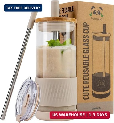 Glass Tumbler Bamboo Lid Straw Iced Coffee Cup Reusable Smoothie Cute Drinking