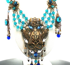 Czech Art Glass Necklace Gold Egyptian Motif Blue Drops Statement Jewelry 16 in