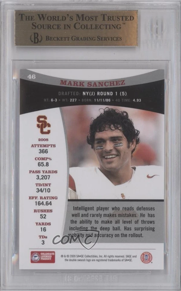 2009 SAGE Mark Sanchez #46 BGS 9.5 GEM MINT Rookie RC - Image 2 of 2