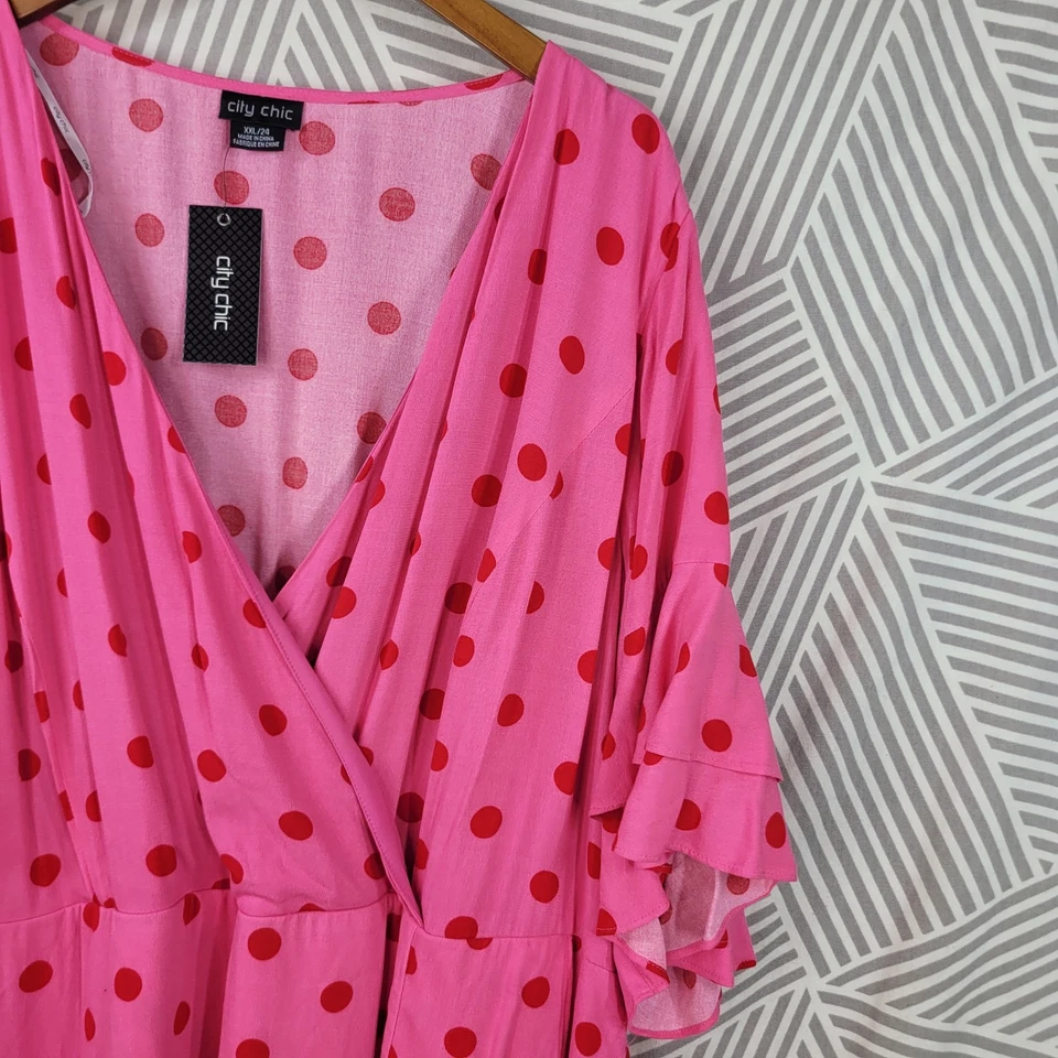 NEW City Chic Plus 24 24W Wrap Top Dress Pink Polkadot Ruffle Sleeve Romantic  - Image 4 of 4