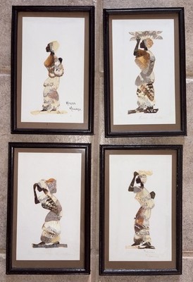 4 VTG Original Butterfly Wing Mosaic Artwork by African Artists Signed