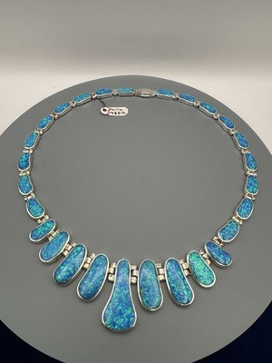Sterling Silber Blau Opal Statement Halskette Art Deco Stil 925 Halsband