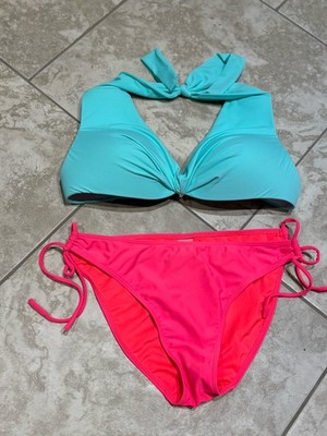 H2OH Colours 2 Pc Bikini Swimsuit Top Mint Blue Sz D Bottom Coral Pink XL