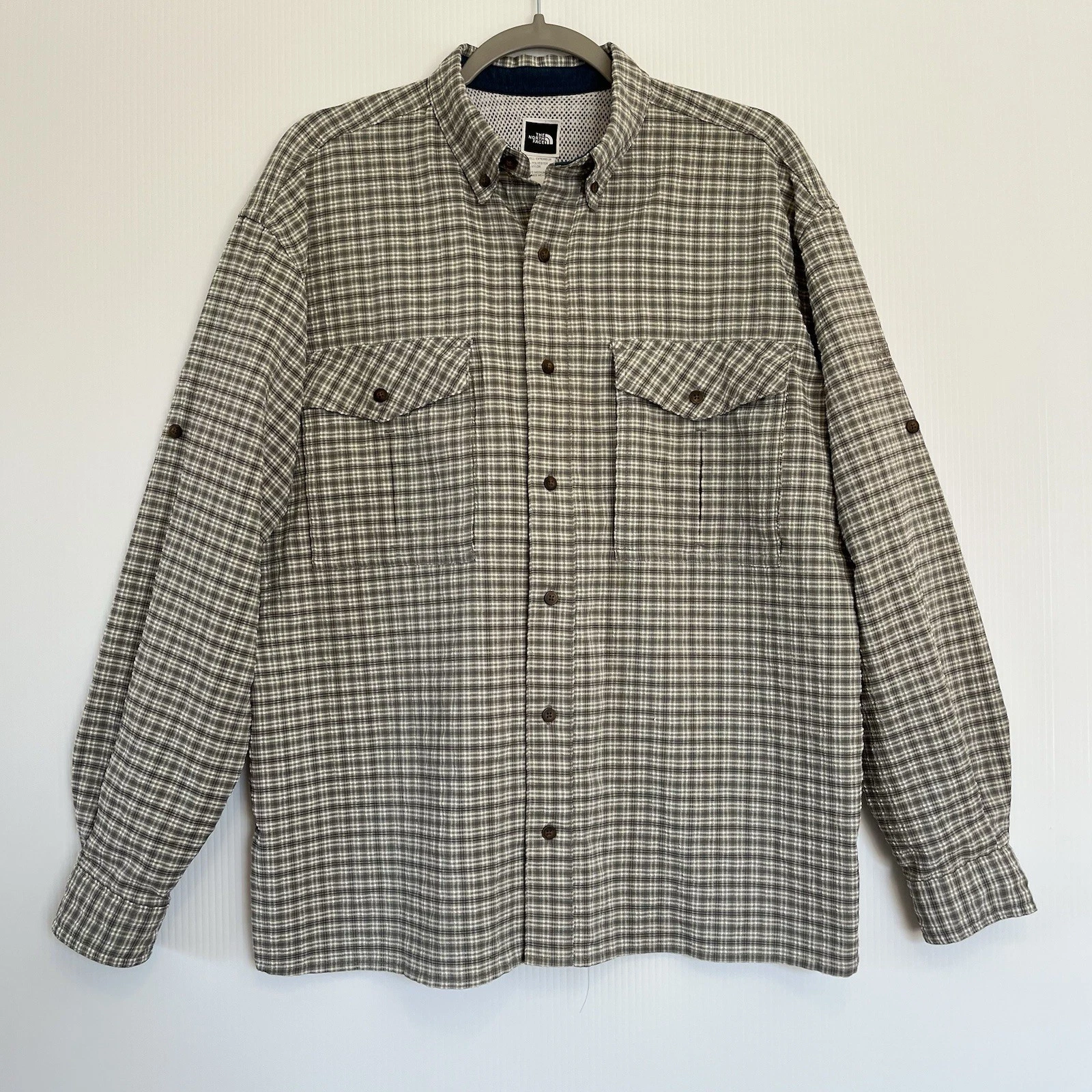 The North Face Shirt Men's Size M Olive Plaid Button Up Vented Seersucker