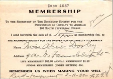 1937 Richmond SPCA Virginia Membership Card Receipt & Handwritten Note