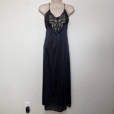 VTG 70s Val Mode Women Whimsigoth Maxi Slip Dress Medium Black Lace Nylon Fairy