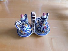 Oil Vinegar Cruet Set Caddy Hand Painted Arabesco or Deruta Design Made in Italy