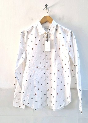 Paul Smith Herren Super Slim Fit Hand Urlaub Print Weiß Hemd Medium, UVP £170