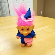 Vintage Troll Doll Russ 5" Clown Costume Jester Pink Hair Pink Eyes