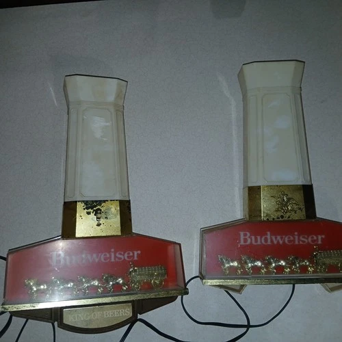 Vtg Pair Budweiser Beer Lighted Sign Anheuser Busch King Clydesdales Wall Sconce