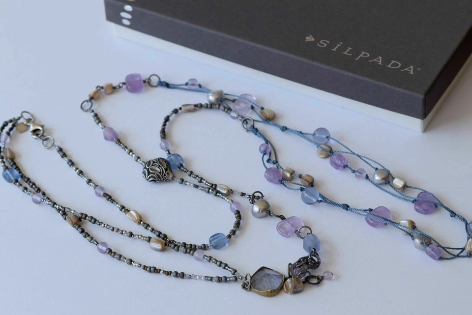 Colar de cordão longo Silpada prata esterlina ametista pérola bronze concha N2246 - Imagem 4 de 4