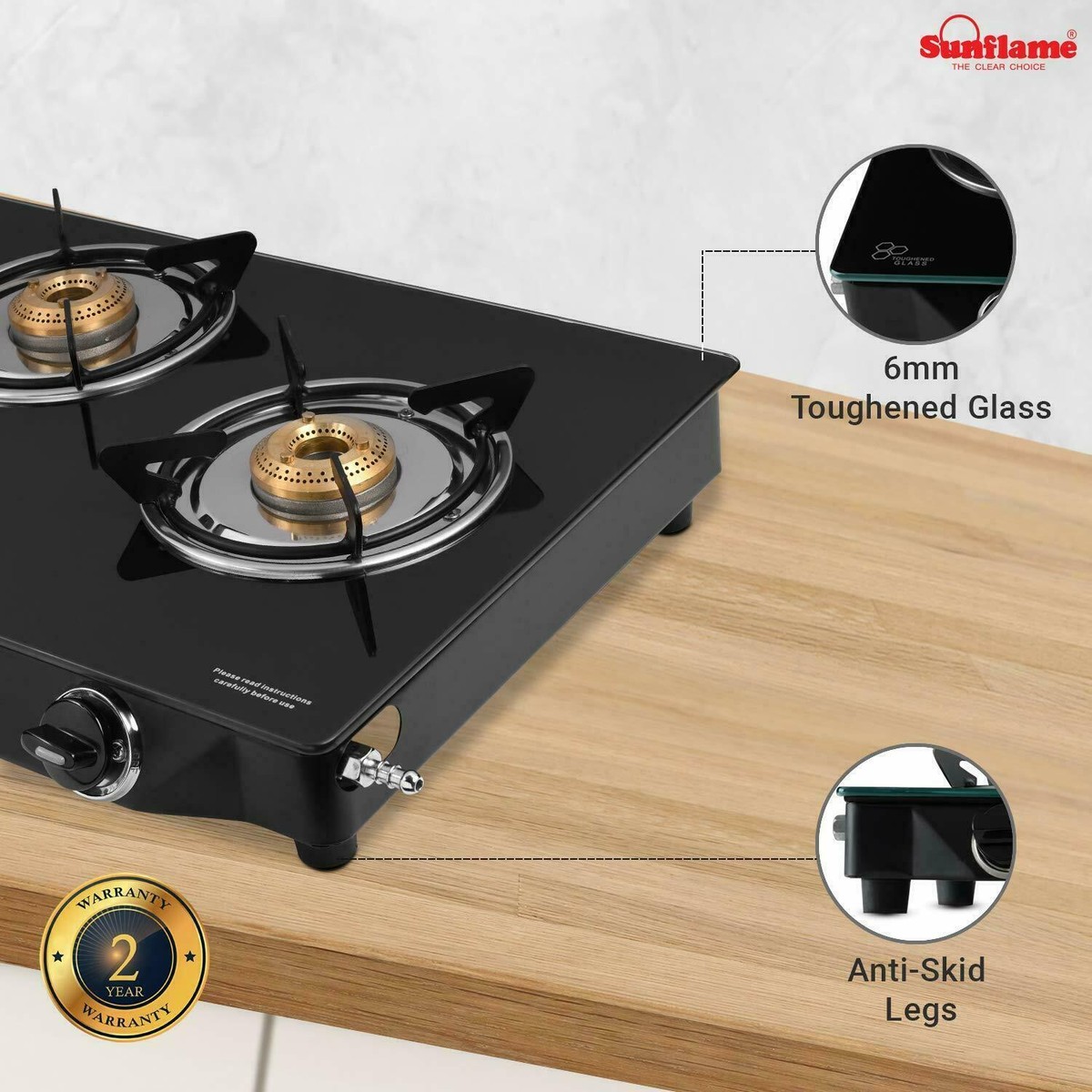 SUNFLAME GT Pride Glass Top Brass Burner Gas Stove (Manual