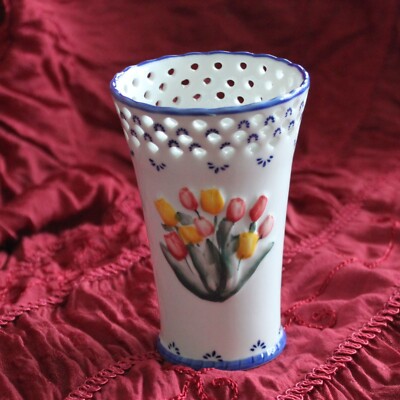 Delftware Royal Twickel Hand-Painted Floral Vase with Lattice Detail