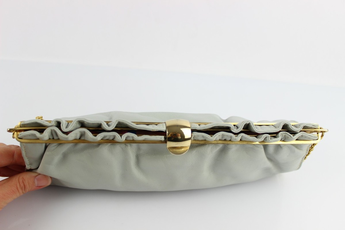 Sac Pochette Vintage En Cuir Gris Clair - Chaîne Dorée - Très Bon état - Taille Petit