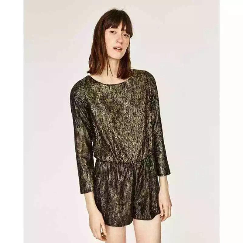 ZARA Jumpsuit Gold Sequins Black Metallic Sequin Long Sleeve