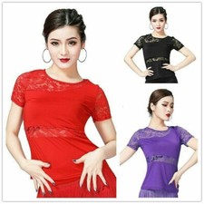 Damen Latein Tanz Bluse T-Shirt Top Ballsaal Tanzbekleidung Spitze Salsa &Uuml;bung
