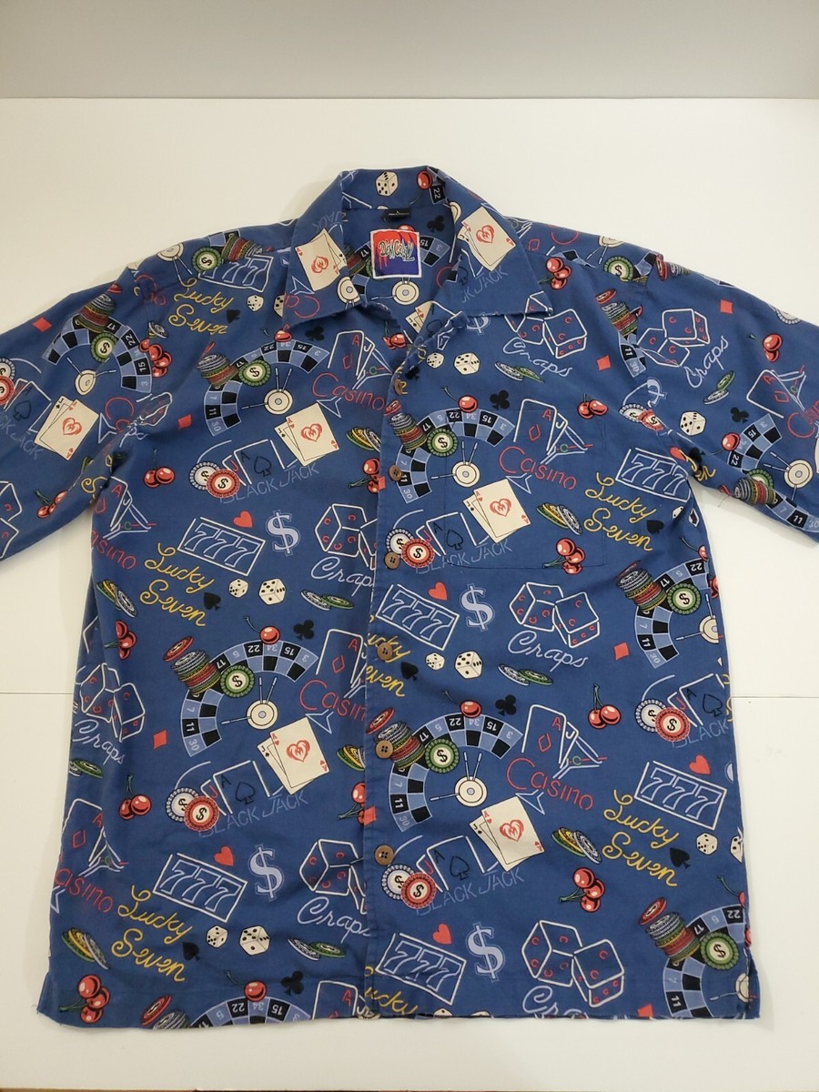 poker themed dress shirts Dem Crazy Size Large Casino Poker All Over Print Short Sleeve Button Down  Shirt
