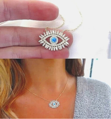 NEW Turquoise Simulated Diamond Evil Eye 18k Yellow Gold Filled Necklace, 18-20 