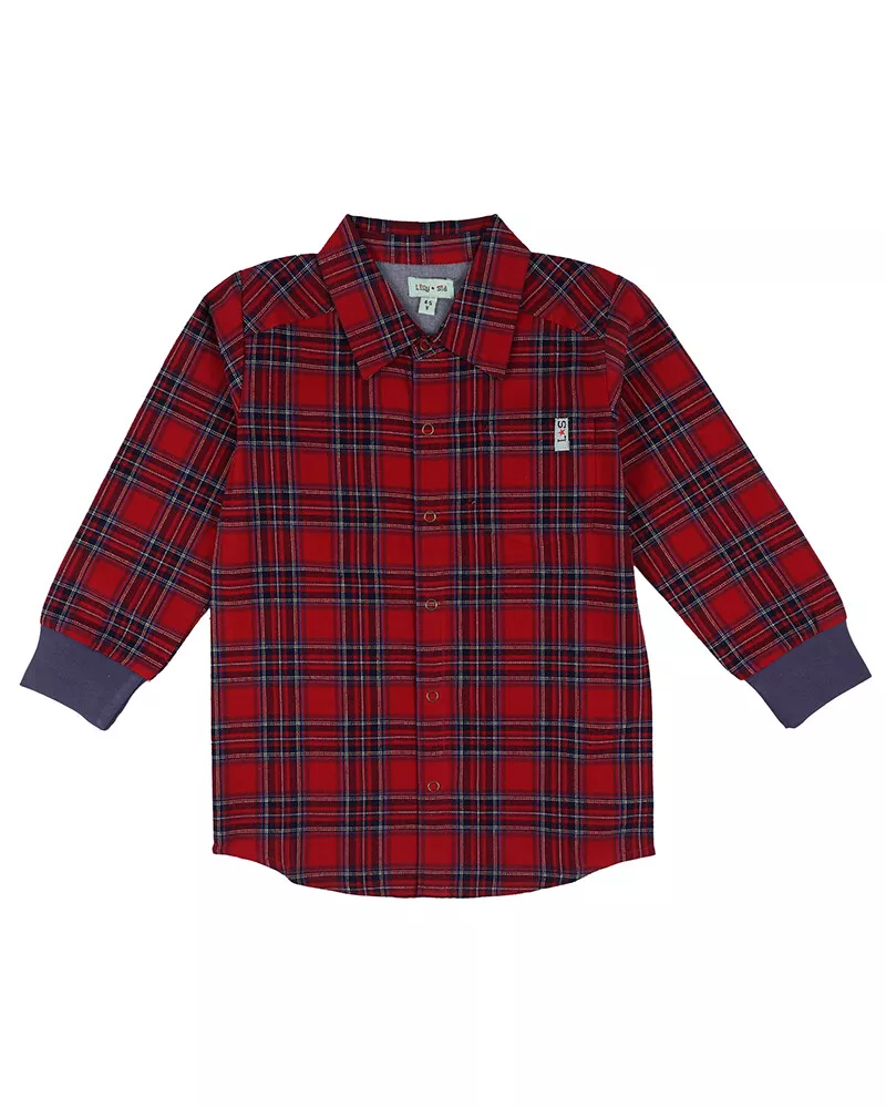 Boys Red Shirt Woven Check Front Popper Fastening Jersey Cuffs by Lilly Sid