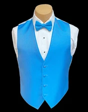 Men's Blue Tuxedo Vest with Tie Bow or Long Groom Prom Wedding Party Cruise