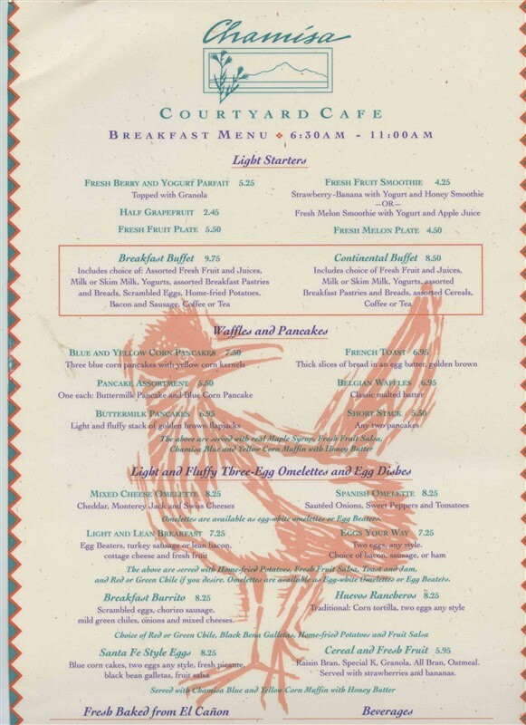 Chamisa Restaurant & Lounge Menu Casa De Ortiz Santa Fe New Mexico 1990