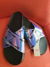 Victoria  s Secret PINK Logo Criss Cross Slides, Holographic Size Small