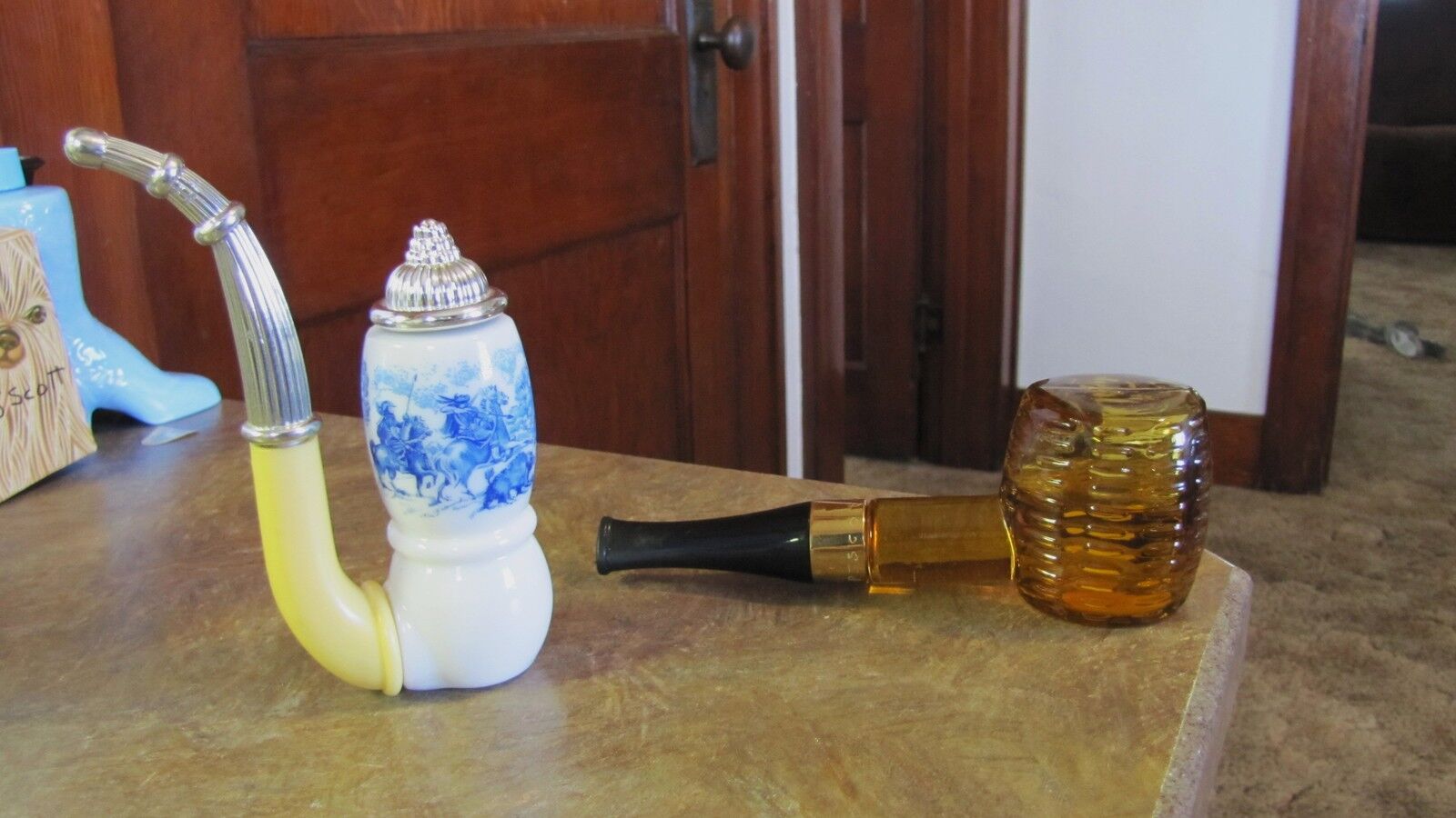 Two Vintage Avon Bottle Pipes Corn Cob Spicy After Shave,Blue Dutch Decanter