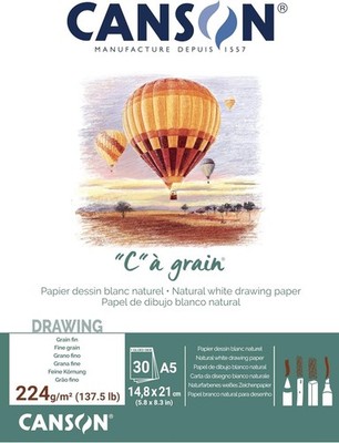 Canson C a Grain A5 Drawing Pad 224gsm, Fine Grain White Paper, 30 Sheets, Glue
