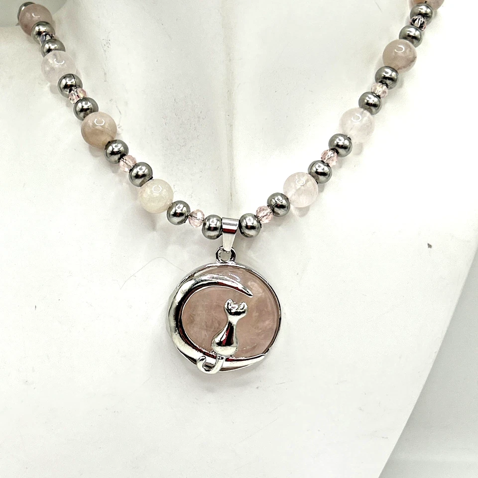 18英寸(+2英寸)正品玫瑰石英猫新月吊坠串珠项链 — 第 3/4 张图片