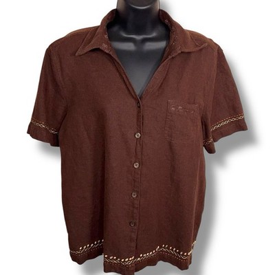 Vintage Large Classic Elements Brown Linen Blend Short Sleeve Button Up Top