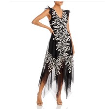 BCBGMAXAZRIA Black Embroidered Tulle Gown Exclusive Flutter Sleeve Maxi Size 0