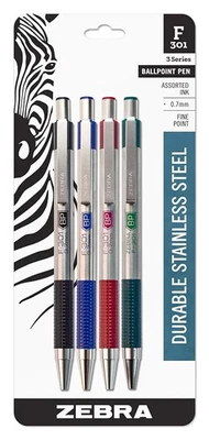 Zebra Pen F-301, Stainless Steel, 0.7mm, Pack of 4 - black, Blue, Red, And Green