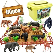 65PCS Safari Animals Figures Toys, Realistic Plastic Jungle Zoo Wild Animals wit