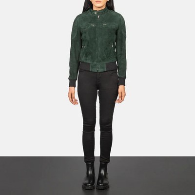 Women's Dark Green Suede Bomber Jacket Cafe Racer Moto Quilted Biker Coat