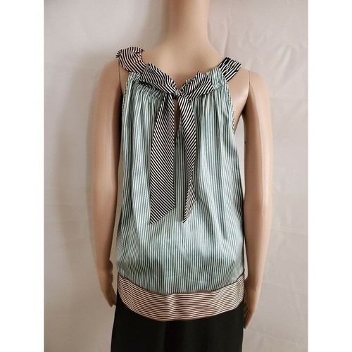 BCBGMAXAZRIA Silk Striped Ruffle Detail & Bow Back Sleeveless Blouse Women's XXS - Imagen 9 de 12