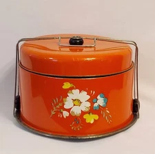 Vintage Cake Carrier Tin Metal Floral Red Two Tier