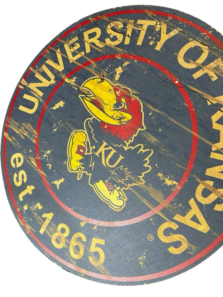 Distressed Kansas Jayhawks 24'' Round Heritage Logo Sign Fibreboard Basketball - Image 4 of 4