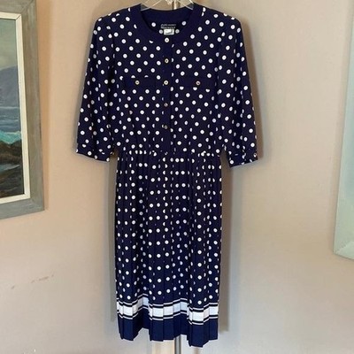 Vintage Breli Originals Blue White Polka Dot Pleated Midi Dress Anchor
