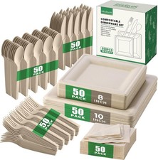 300Pcs Disposable Paper Plates Set Compostable Plate Sugarcane Utensils Eco