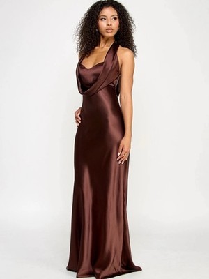 brown satin halter dress Shona Joy - La Lune Halter Neck Maxi Dress - Espresso main image 1