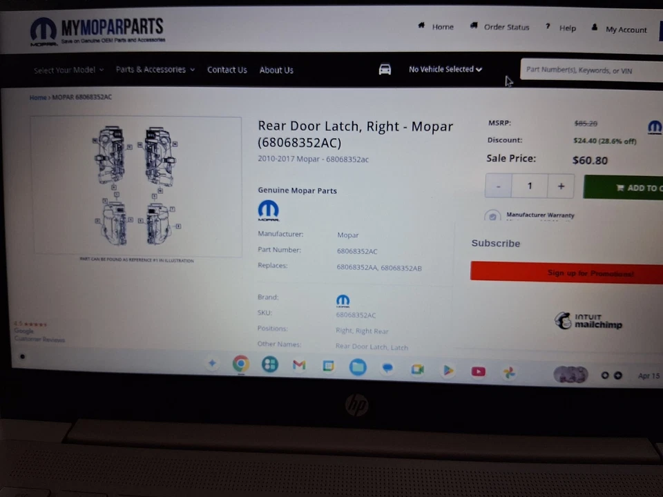 Pestillo trasero derecho Mopar DR nuevo para Jeep Patriot&Compass 2010-2017 Foto 2 de 4