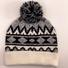 Black White Gray Geometric Pattern Knit Winter Pom Pom Hat Old Navy