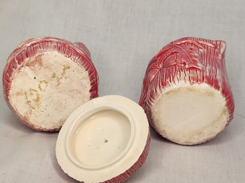 Vintage Studio Pottery Cream & Sugar Set Wood Grain Acorn Oak Leaf Red - Picture 9 of 11