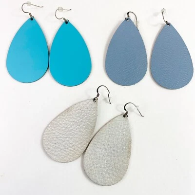 Nickel & Suede Leather Teardrop Dangle Earrings Bundle Of Three Blues & Silver - Image 1 of 4