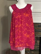 CAbi Pink Orange Origami Tunic Blouse Layered Shift Fit Textured Neck XS 999