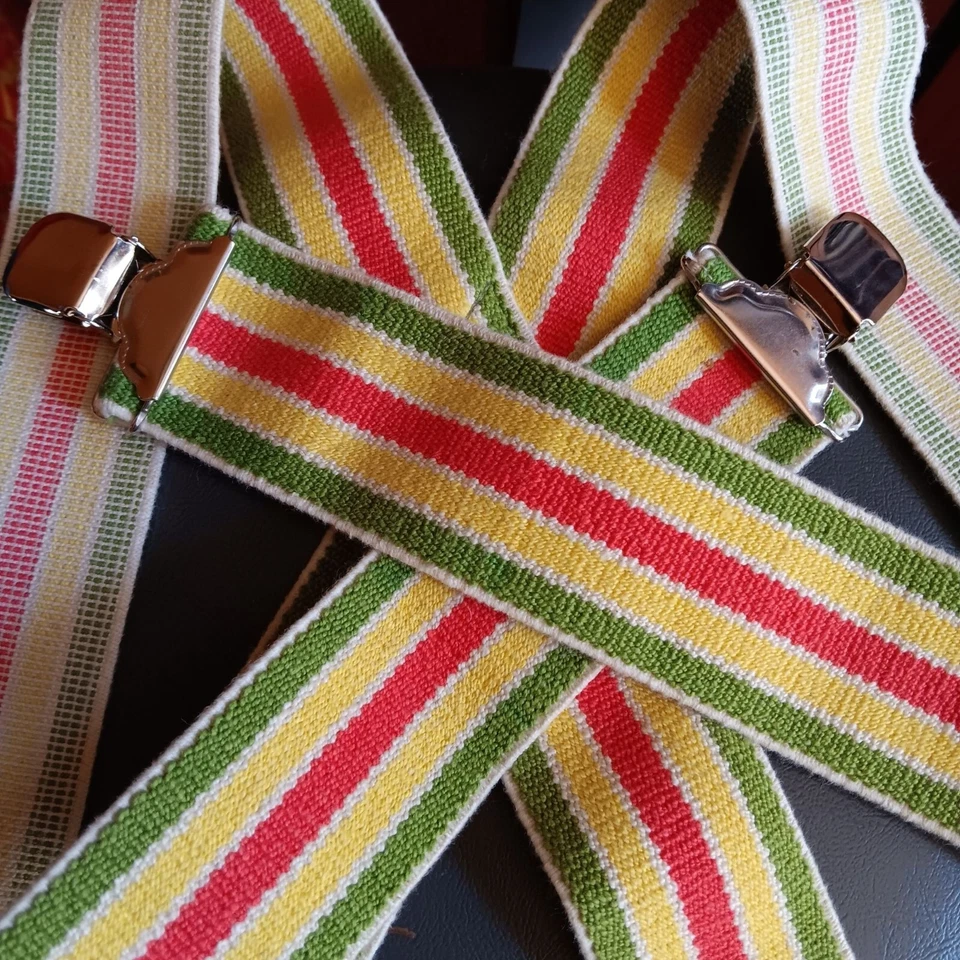 Vintage 80's Multicolor Striped Logger Suspenders With Metal Police Clips - Image 2 of 4