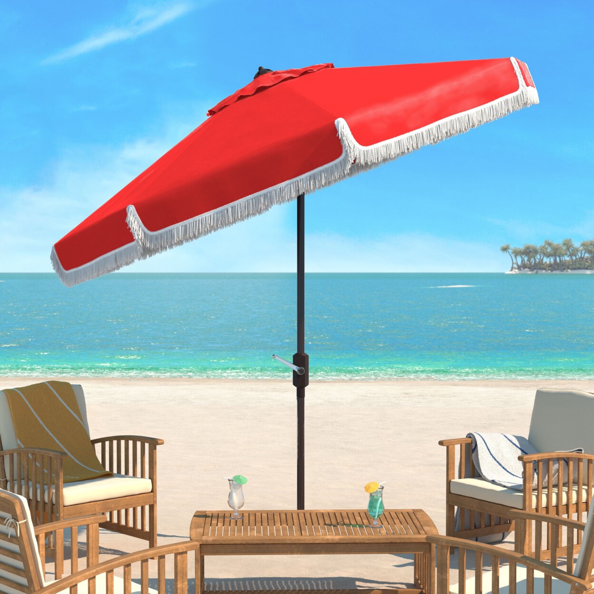 SAFAVIEH Outdoor Collection Milan Fringe 9-Foot Tilt Umbrella